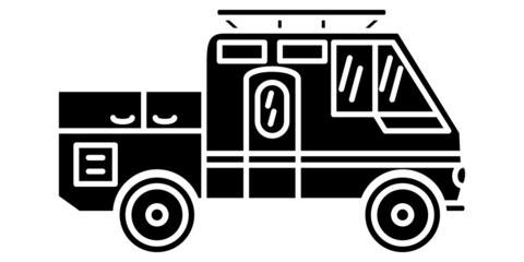 Motorhome, recreational vehicle, camping trailer, family camper. Design with an open trunk. Vector icon, glyph, silhouette, isolated