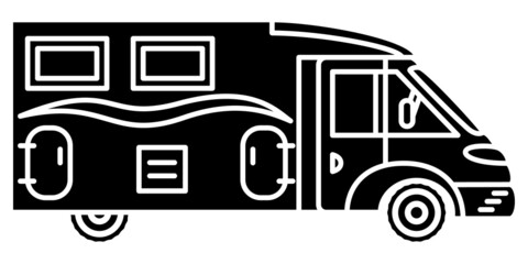 Motorhome, recreational vehicle, camping trailer, family camper. Design with a window on the roof. Vector icon, glyph, silhouette, isolated