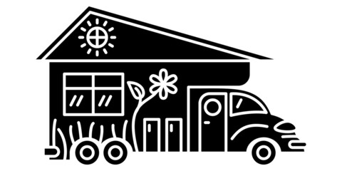 Fototapeta premium Motorhome, recreational vehicle, camping trailer, family camper. Motorhome with an imitation of a house. Design with flowers and sun. Vector icon, glyph, silhouette, isolated