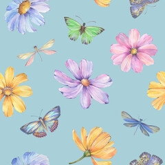 Naklejka na ściany i meble Floral, botanical seamless pattern. Watercolor ornament of flowers, butterflies and dragonflies on an abstract background.