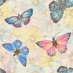 Obraz na płótnie Canvas Delicate flowers are painted with watercolors, digitally processed. Seamless ornament for wallpaper, print, wrapping paper, design, print. Botanical pattern of colorful flowers.