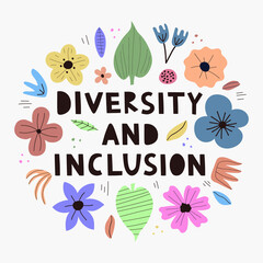 Web banner with lettering and different colors and sizes flowers. The concept of inclusion and diversity in society. Vector flat design