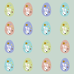 cute faces bunny, flower, heart and eggs in color egg on green backgroun. vector seamless lovely pattern illustration. design for web, decor. holiday easter