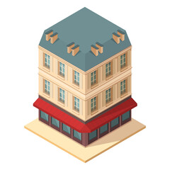 isometric building with restaurant and terrace, vector illustration