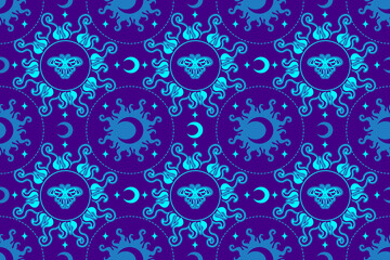 Mystery seamless background, vintage astrology wallpaper. Celestial concept with sun. Backdrop for yoga, Witchcraft, tarot, spiritual concept