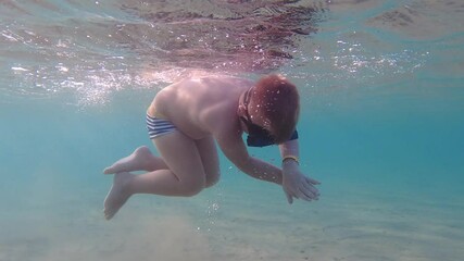 A child in an underwater mask learns to swim and dive. The boy dives into the sea.