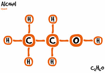 Large and detailed isolated drawn molecule and formular of alcohol.