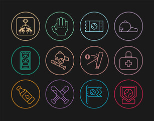 Set line Baseball base, First aid kit, ticket, bat with ball, hat, Mobile baseball, Championship tournament bracket, and glove icon. Vector