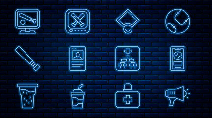 Set line Megaphone, Mobile with baseball ball, Baseball field, card, bat, Monitor game, Championship tournament bracket and icon. Vector