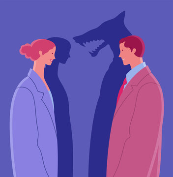 Couple of business people in which man pretends kindness and hides predatory intent. Profile portrait of eye to eye couple. Insincerity in relationship.
