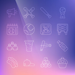 Set line Baseball cap, Bottle of water, mechanical scoreboard, bat, Calendar with baseball game, Megaphone and Monitor icon. Vector