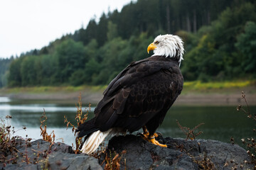 Powerful bald eagle in front of a lake