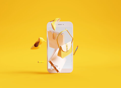 Online shopping concept and women accessories on smartphone with yellow background. 3d rendering