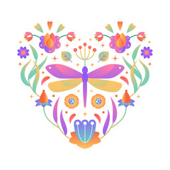 Bright gradient heart shape with flowers, dragonfly and leaves. Romantic gradient floral ornament, folk motif.