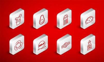 Set line Tequila bottle, Avocado fruit, Salt, Taco with tortilla, Wrestling championship belt, Cactus succulent pot, Hola and Beans icon. Vector © vector_v