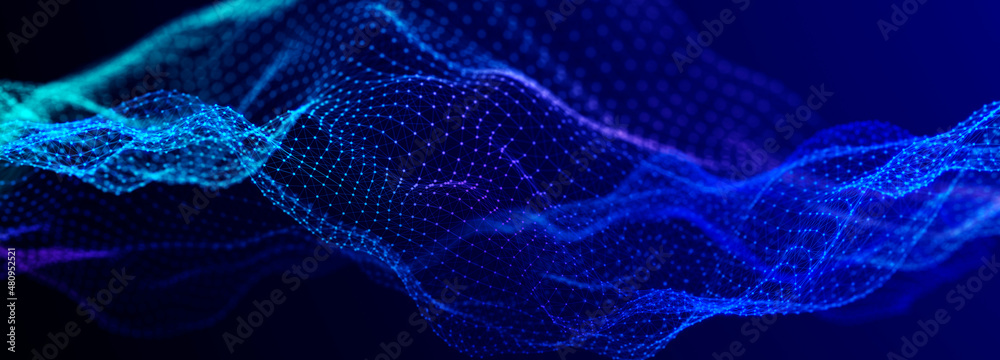 Poster Futuristic dots pattern on dark background. Colored music wave. Big data. Technology or Science Banner. 3D rendering