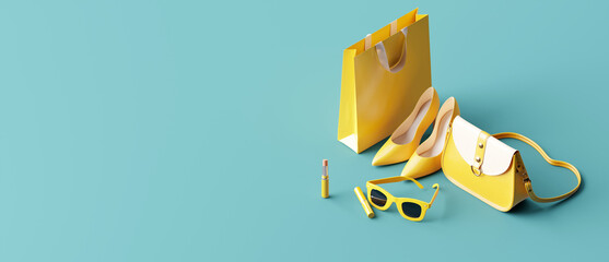 Fashion accessories bag, high heels, lipstick, sun glasses, shopping bag on pastel blue background. 3d rendering