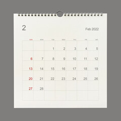 February 2022 calendar page on white background. Calendar background for reminder, business planning, appointment meeting and event.