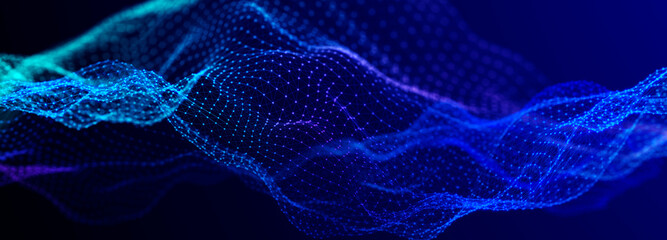 Futuristic dots pattern on dark background. Colored music wave. Big data. Technology or Science Banner. 3D rendering