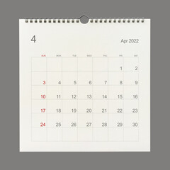 April 2022 calendar page on white background. Calendar background for reminder, business planning,...