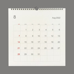 August 2022 calendar page on white background. Calendar background for reminder, business planning, appointment meeting and event.