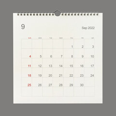 September 2022 calendar page on white background. Calendar background for reminder, business planning, appointment meeting and event.
