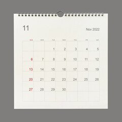 November 2022 calendar page on white background. Calendar background for reminder, business planning, appointment meeting and event. - obrazy, fototapety, plakaty