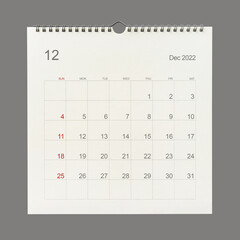December 2022 calendar page on white background. Calendar background for reminder, business...