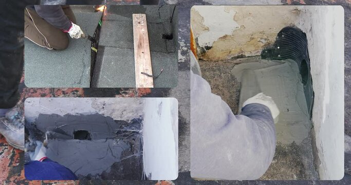 Collage video whit worker remove the deteriorated bituminous sheath attached to the floor of a building's terrace and places a PVC sleeve with quick-setting mortar for draining rainwater