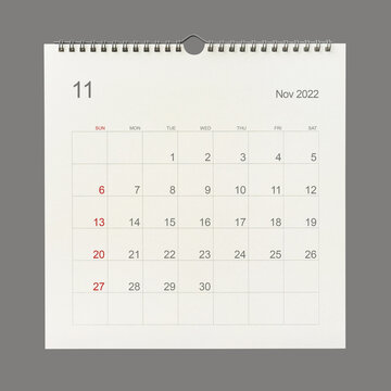 November 2022 calendar page on white background. Calendar background for reminder, business planning, appointment meeting and event.