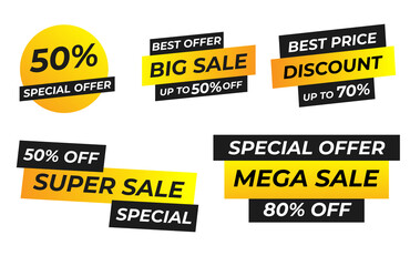 Sale tags collection. Special offer, discount, mega sale, big sale banner set. Shop or online shopping. Sticker, store, coupon. Vector illustration.