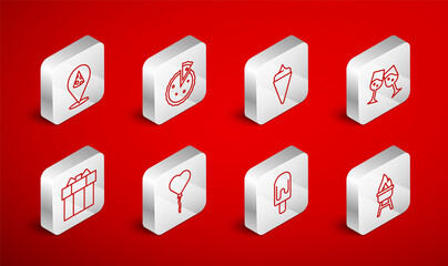 Set line Barbecue grill, Homemade pie, Ice cream in waffle cone, Glass of champagne, Slice pizza, Balloons form heart and Gift box icon. Vector