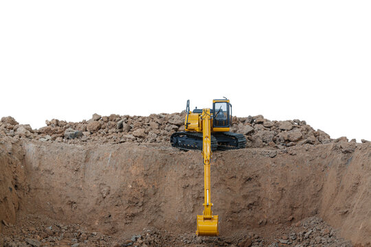 Clewer excavator digging a canal at a construction site isolated on white background.