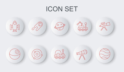 Set line Planet, Saturn, Telescope, Rocket ship, Comet falling down fast, Solar system and Mars rover icon. Vector