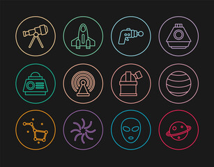Set line Planet Saturn, Ray gun, Radar, Space capsule, Telescope, Astronomical observatory and Rocket ship icon. Vector