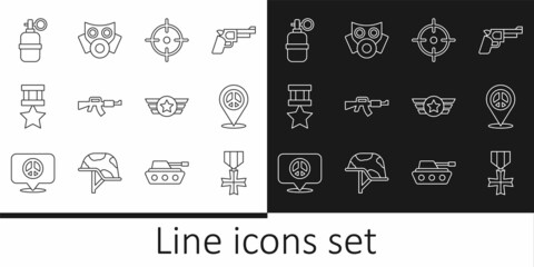 Set line Military reward medal, Location peace, Target sport, M16A1 rifle, Hand grenade, Star American military and Gas mask icon. Vector