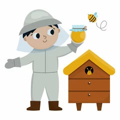 Gardinen Vector beekeeper with honey jar, bee, beehive. Cute kid doing agricultural work icon. Rural country farmer character. Child in protective uniform. Funny farm illustration with cartoon boy . © Lexi Claus