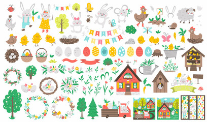 Big Easter vector set. Collection with cute bunny, colored eggs, bird, chicks, baskets, cards, bookmarks, trees. Spring funny illustration. Holiday icons pack with farm animals, house, garden plants. © Lexi Claus