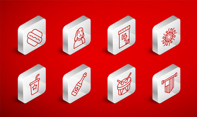 Set line American flag, Benjamin Franklin, Calendar with date July 4, Firework, Drum and drum sticks, Hotdog sandwich, Champagne bottle and Paper glass straw icon. Vector