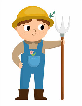 Vector farmer with hayfork icon. Cute kid doing agricultural work. Rural country character. Child gathering hay. Funny farm illustration with cartoon boy isolated on white background.