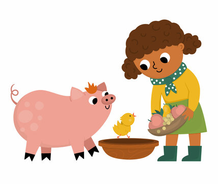 Vector cattle breeder icon. Farmer girl feeding animals. Cute kid doing agricultural work. Rural country scene. Child with cute pig and chicken. Funny farm illustration with cartoon characters.