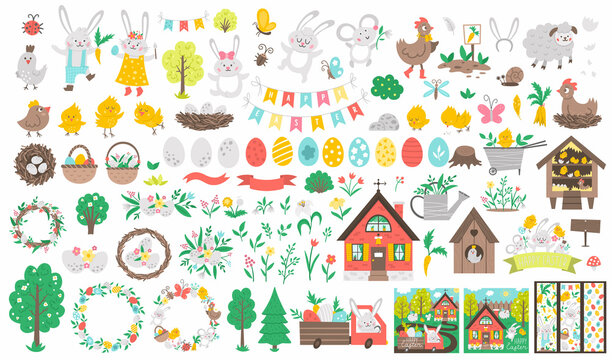 Big Easter vector set. Collection with cute bunny, colored eggs, bird, chicks, baskets, cards, bookmarks, trees. Spring funny illustration. Holiday icons pack with farm animals, house, garden plants.