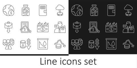 Set line Dollar rate decrease, Employee dismissal, Prison cell door, Mobile stock trading, Briefcase, Global economic crisis, Burning dollar bill and Glass money jar with coin icon. Vector
