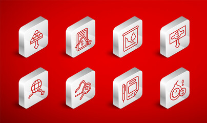 Set line Money bomb dollar crisis, Mobile stock trading, Drop crude oil price, Dollar rate decrease, Contract money and pen, Gold bars, Global economic and icon. Vector