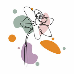 Continuous one simple single abstract line drawing of daffodil flower icon in silhouette on a white background. Linear stylized.