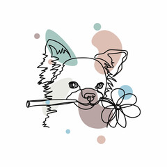 Continuous one simple single abstract line drawing of dog holding a flower woman day or valentines day concept icon in silhouette on a white background. Linear stylized.