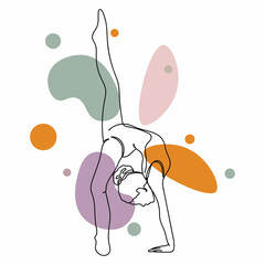 Continuous one simple single abstract line drawing of girl doing gymnastic exercise icon in silhouette on a white background. Linear stylized.
