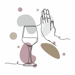 Continuous one simple single abstract line drawing of refusing to drink wine icon in silhouette on a white background. Linear stylized.