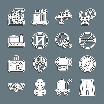 Set line Airport runway, Compass, No Smoking, Warning aircraft, cell phone, Conveyor belt with suitcase, Plane crash and Modern pilot helmet icon. Vector