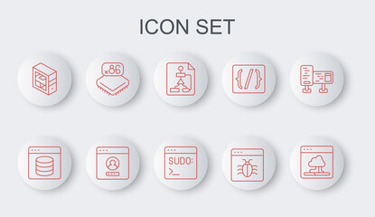 Set line Cloud technology data transfer, Server, Data, Web Hosting, Flowchart, System bug, Computer, Processor with microcircuits CPU, Create account screen and Code terminal icon. Vector